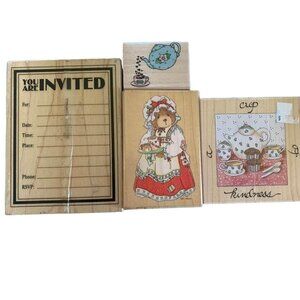 Wooden Rubber Stamp Lot Invitation Bear Tea Cup Fun Craft Set